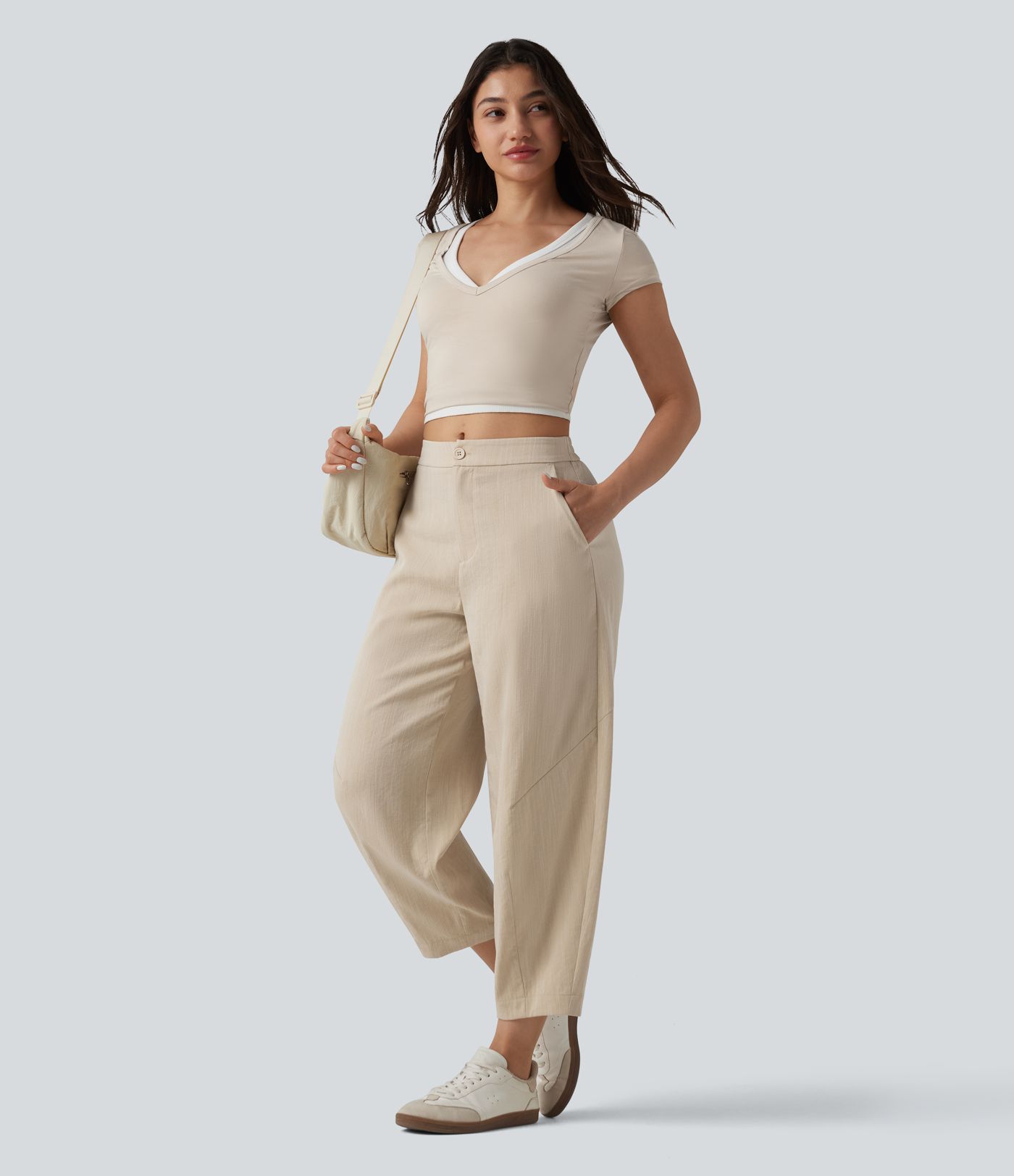 Mid Rise Linen-Feel Casual Barrel Leg Pants with Pockets