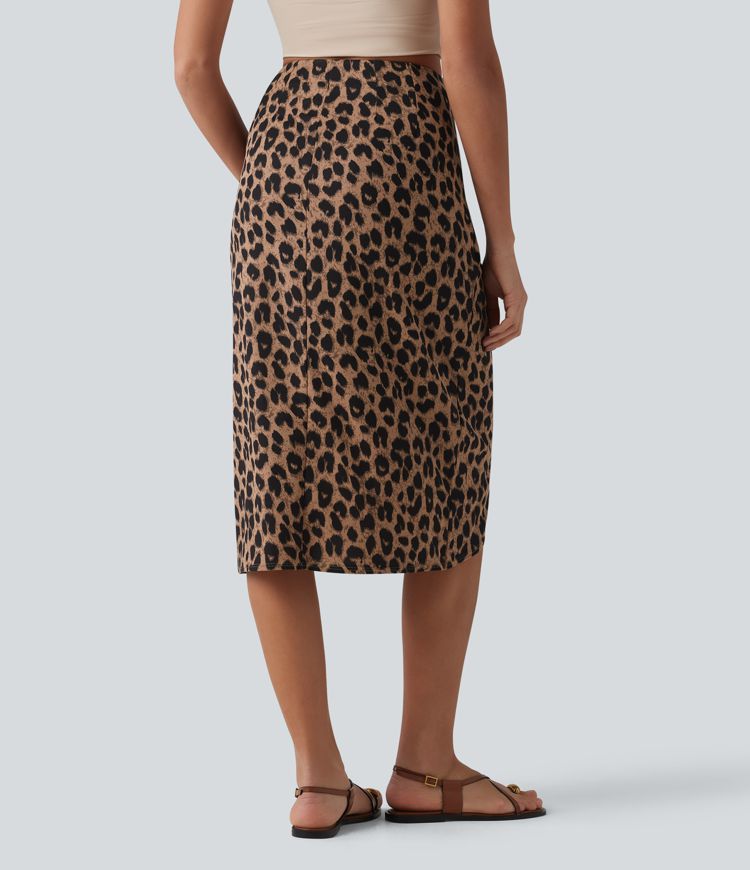 High Waisted Ruched Midi Leopard Print Waffle Casual Tulip Skirt