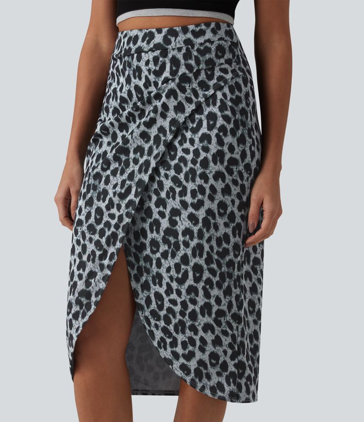 Jupe midi casual tulipe taille haute froncée en tissu gaufré imprimé léopard