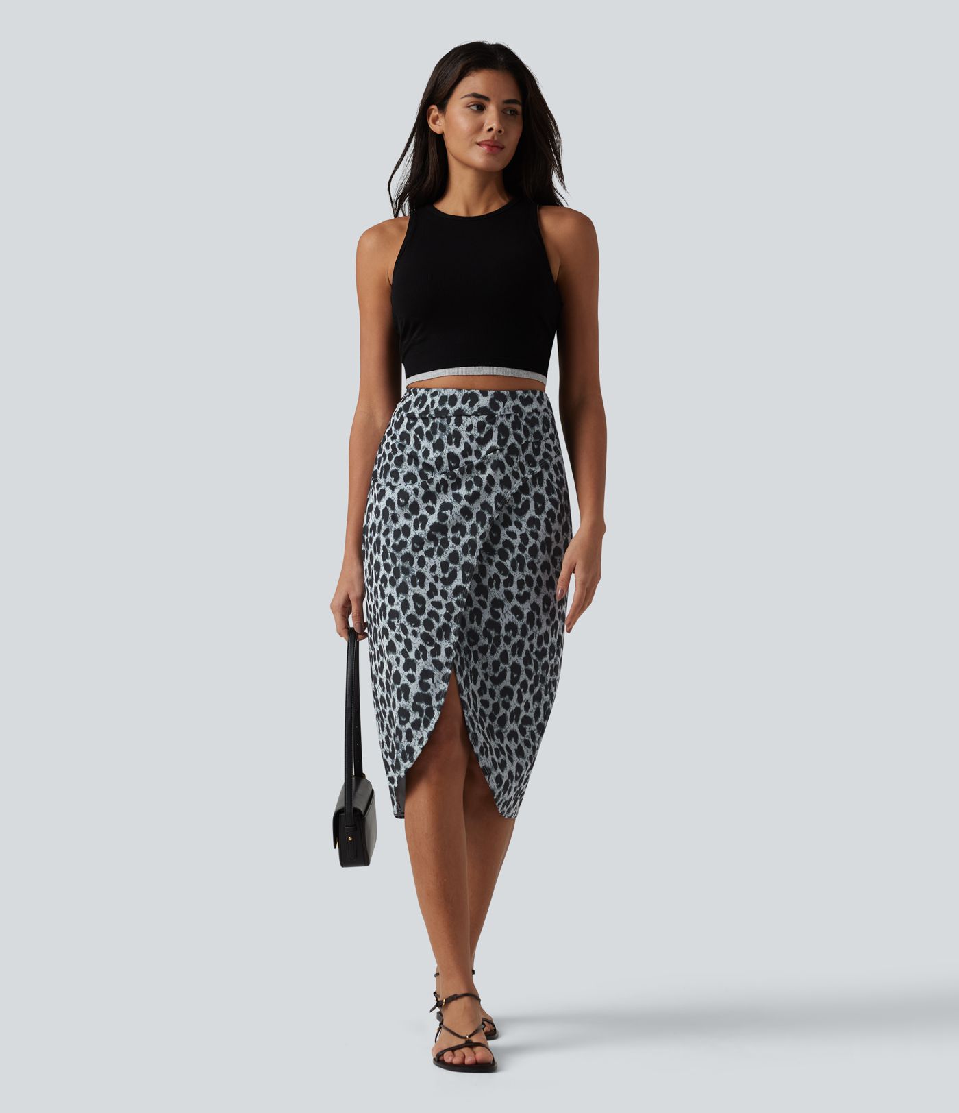 Jupe midi casual tulipe taille haute froncée en tissu gaufré imprimé léopard