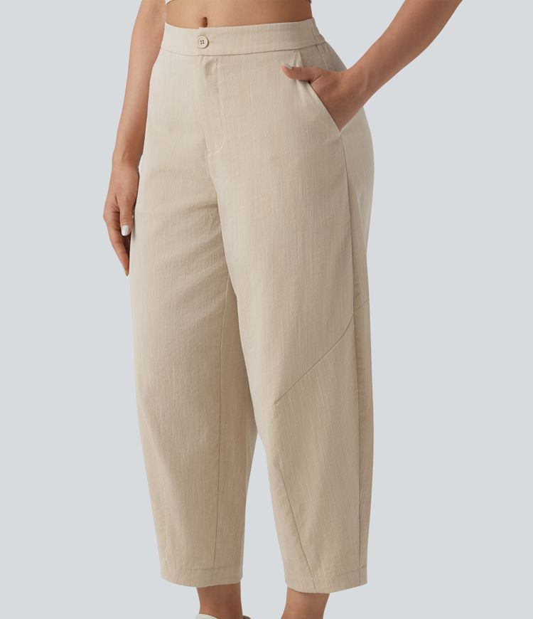 Mid Rise Linen-Feel Casual Barrel Leg Pants with Pockets