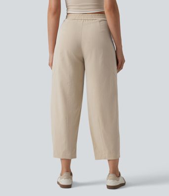 Mid Rise Linen-Feel Casual Barrel Leg Pants with Pockets
