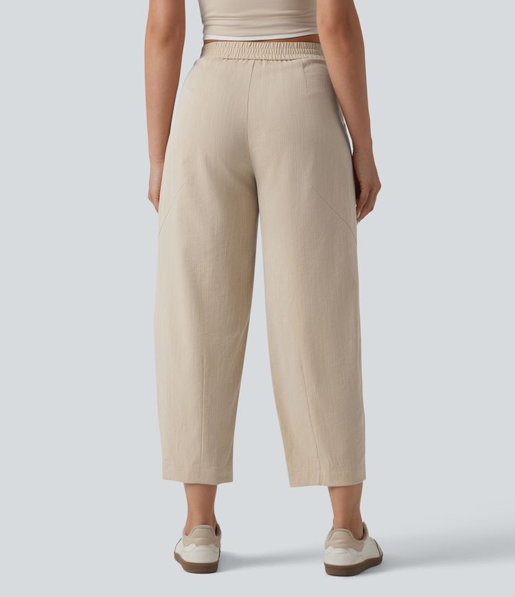 Mid Rise Linen-Feel Casual Barrel Leg Pants with Pockets