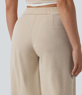 Mid Rise Linen-Feel Casual Barrel Leg Pants with Pockets
