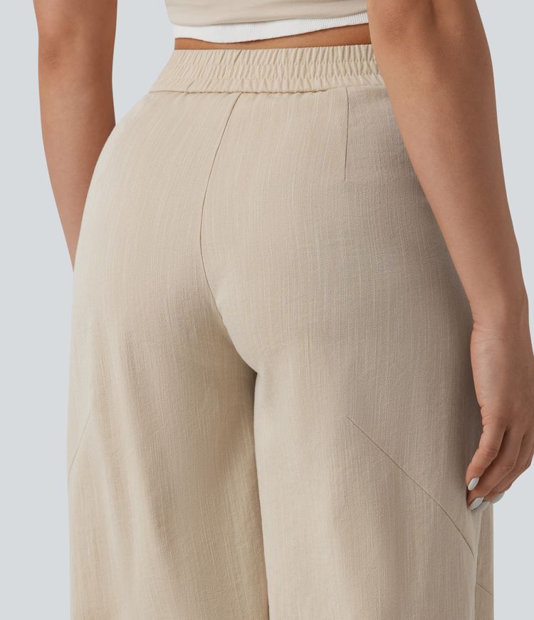 Mid Rise Linen-Feel Casual Barrel Leg Pants with Pockets