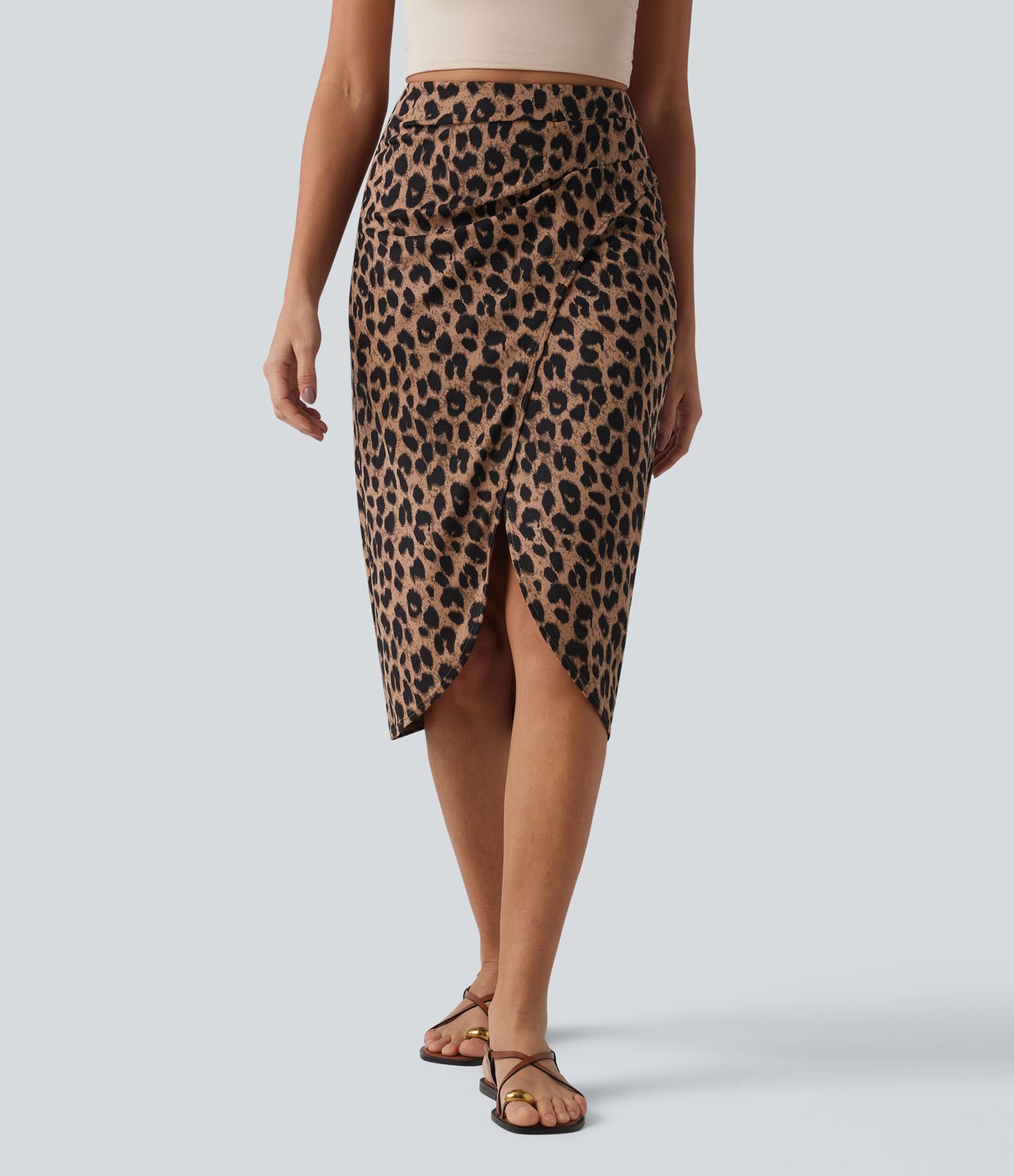High Waisted Ruched Midi Leopard Print Waffle Casual Tulip Skirt