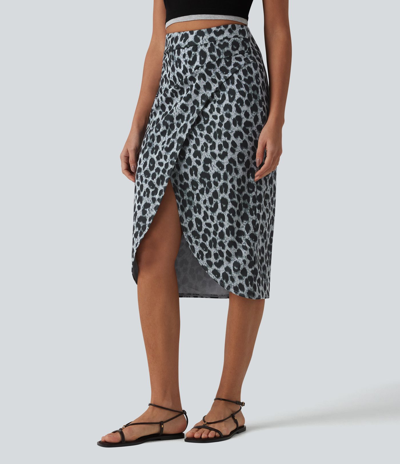 Jupe midi casual tulipe taille haute froncée en tissu gaufré imprimé léopard