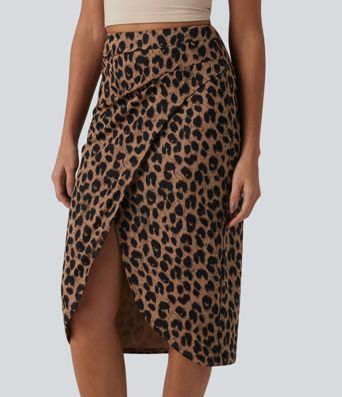 High Waisted Ruched Midi Leopard Print Waffle Casual Tulip Skirt