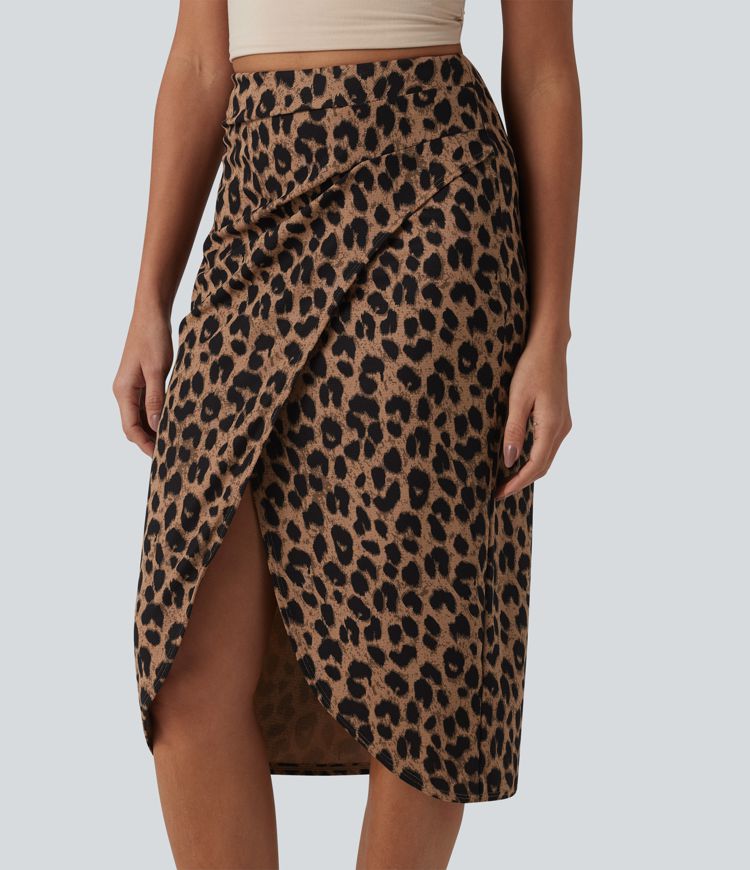 High Waisted Ruched Midi Leopard Print Waffle Casual Tulip Skirt