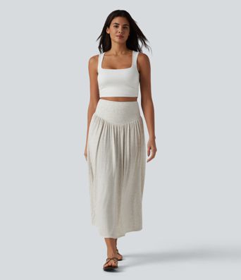 Ribbed Knit High Waisted Tummy Control Flowy Midi Casual Linen-Blend Skirt