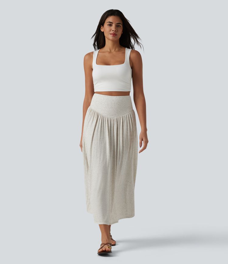 Ribbed Knit High Waisted Tummy Control Flowy Midi Casual Linen-Blend Skirt