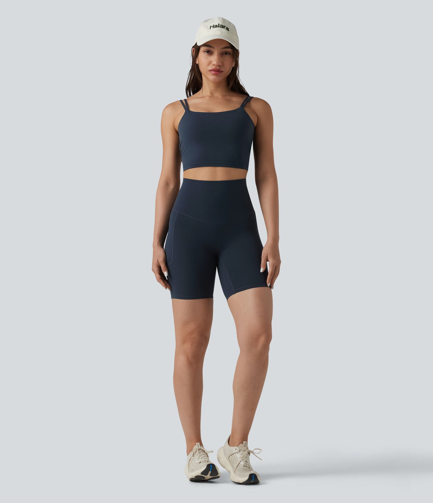 Halara Ultrasculpt™ High Waisted Tummy Control Crossover Back Running Biker Shorts 7'' with Pockets