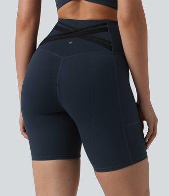 Halara Ultrasculpt™ High Waisted Tummy Control Crossover Back Running Biker Shorts 7'' with Pockets