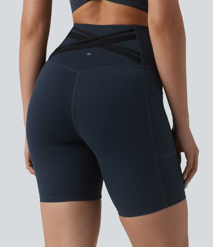 Halara Ultrasculpt™ High Waisted Tummy Control Crossover Back Running Biker Shorts 7'' with Pockets