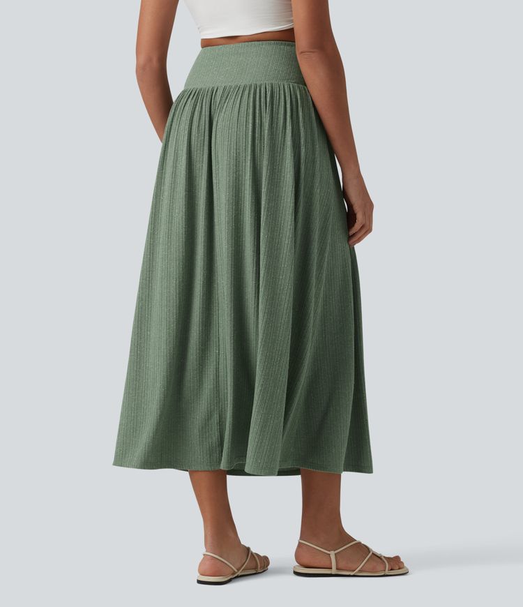 Jupe midi fluide casual taille haute ventre plat en maille côtelée mélange lin