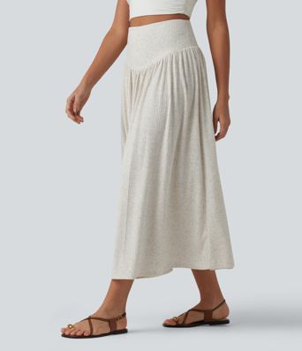 Ribbed Knit High Waisted Tummy Control Flowy Midi Casual Linen-Blend Skirt