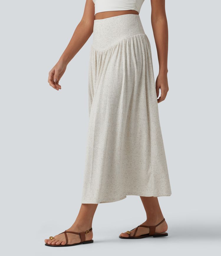 Ribbed Knit High Waisted Tummy Control Flowy Midi Casual Linen-Blend Skirt