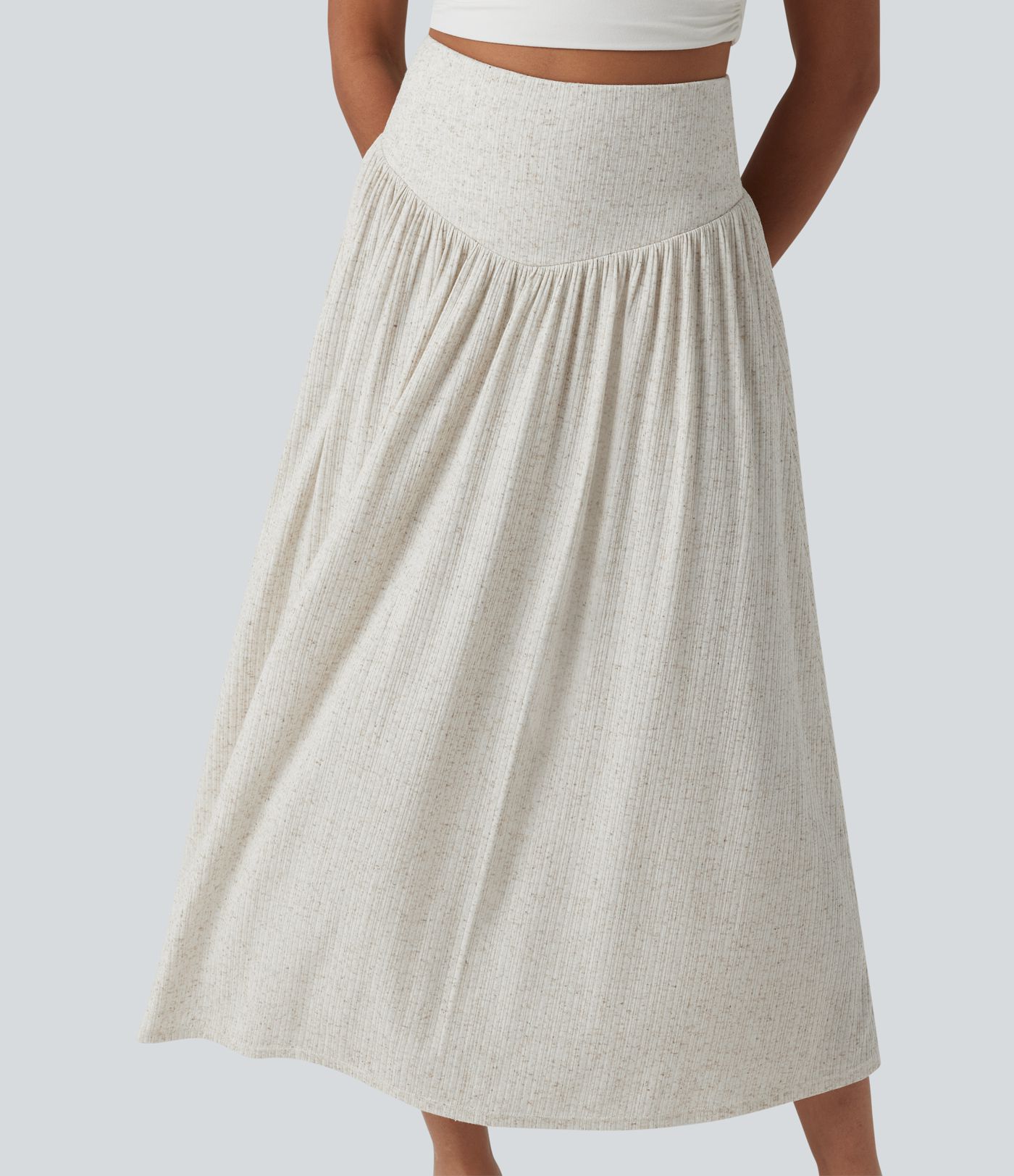 Ribbed Knit High Waisted Tummy Control Flowy Midi Casual Linen-Blend Skirt