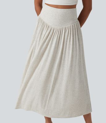 Ribbed Knit High Waisted Tummy Control Flowy Midi Casual Linen-Blend Skirt