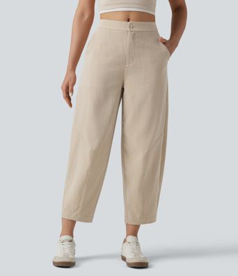 Mid Rise Linen-Feel Casual Barrel Leg Pants with Pockets