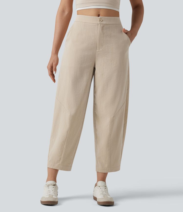 Mid Rise Linen-Feel Casual Barrel Leg Pants with Pockets