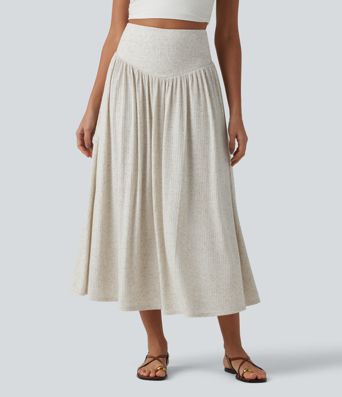 Ribbed Knit High Waisted Tummy Control Flowy Midi Casual Linen-Blend Skirt