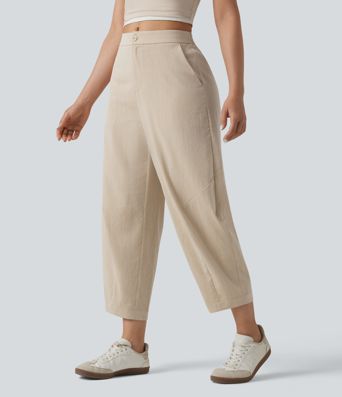 Mid Rise Linen-Feel Casual Barrel Leg Pants with Pockets