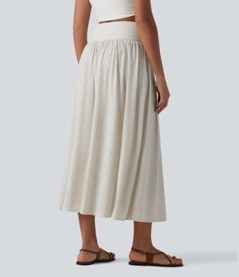 Ribbed Knit High Waisted Tummy Control Flowy Midi Casual Linen-Blend Skirt