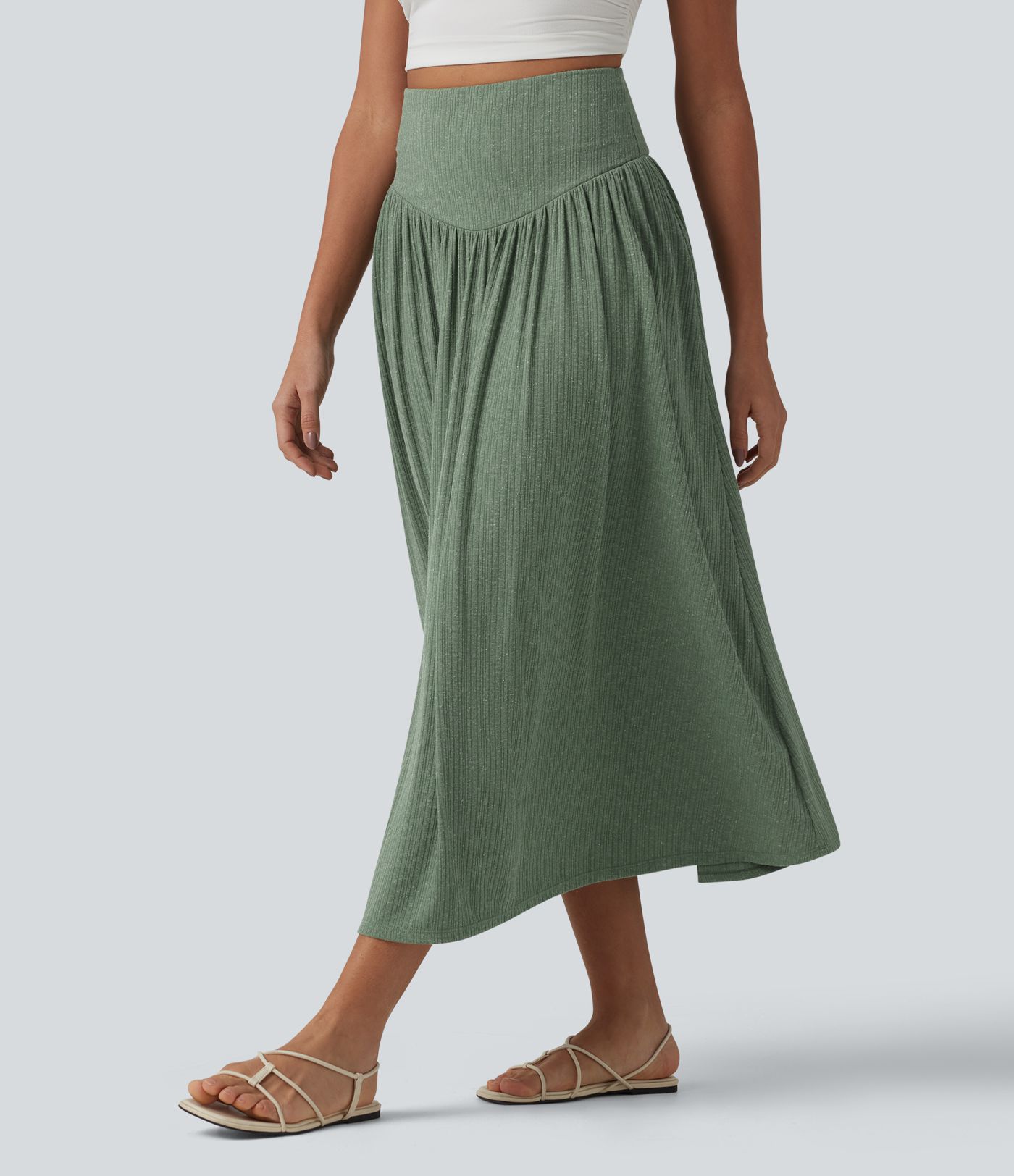 Jupe midi fluide casual taille haute ventre plat en maille côtelée mélange lin