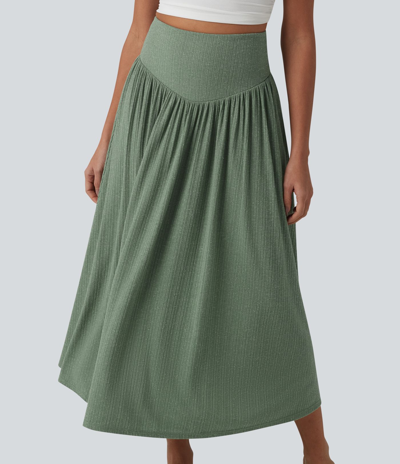 Jupe midi fluide casual taille haute ventre plat en maille côtelée mélange lin