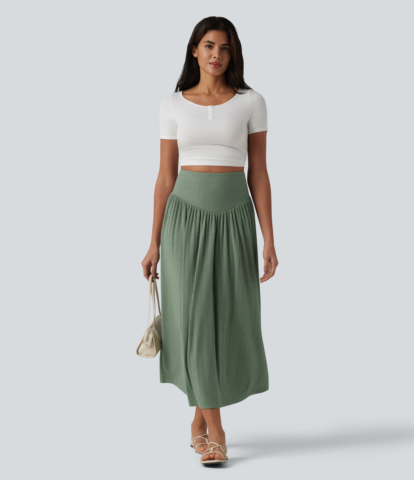 Jupe midi fluide casual taille haute ventre plat en maille côtelée mélange lin