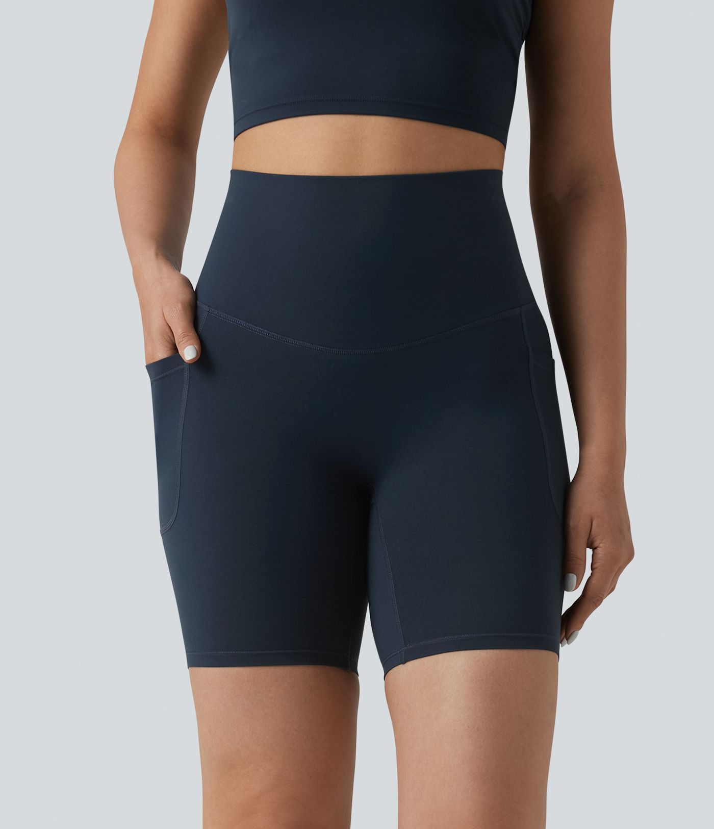 Halara Ultrasculpt™ High Waisted Tummy Control Crossover Back Running Biker Shorts 7'' with Pockets