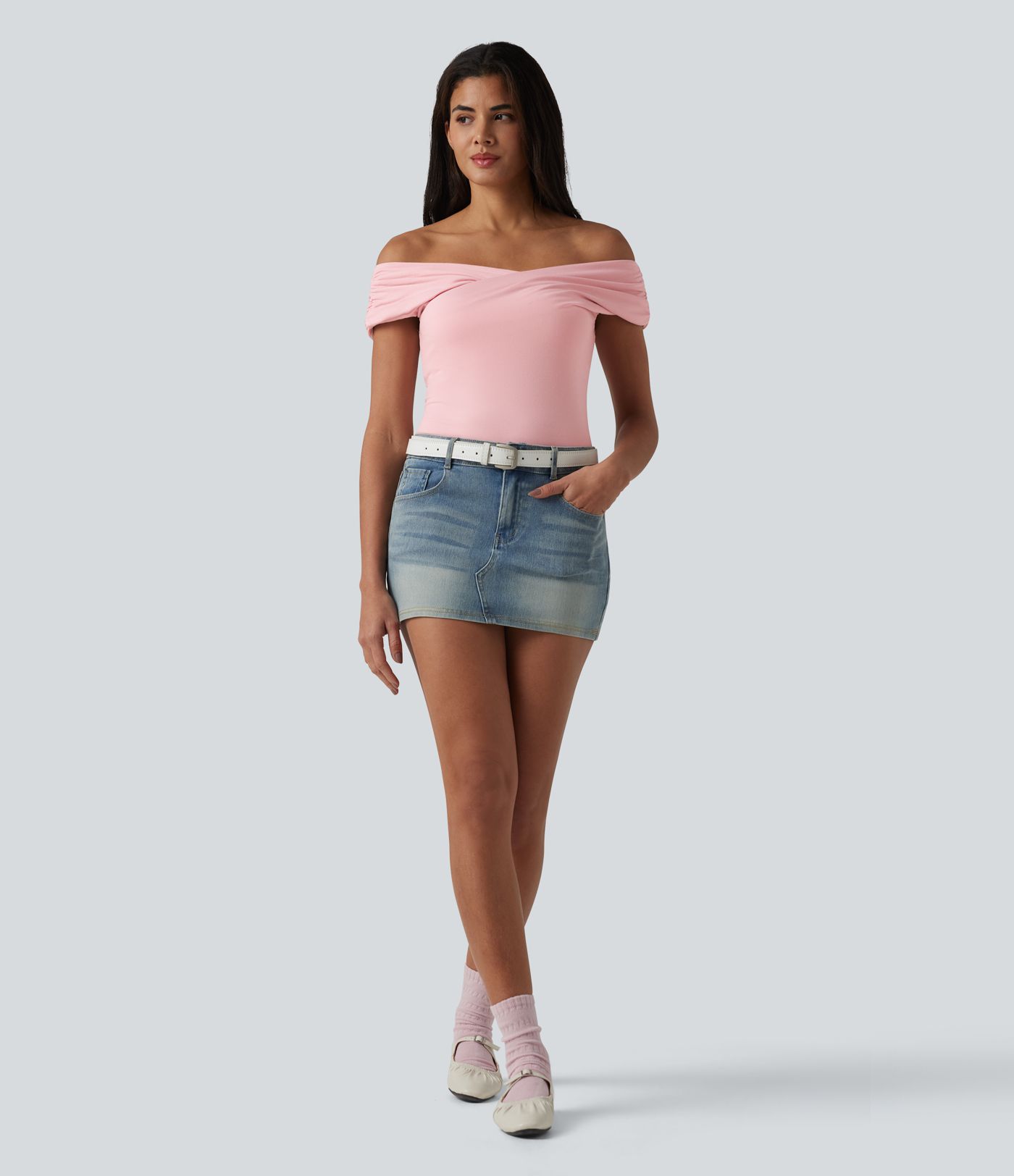 Ribbed Knit Built-in Bra Short Sleeve Casual T-Shirt