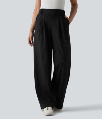 High Waisted Stripes Work Wide Leg Pants with Pockets