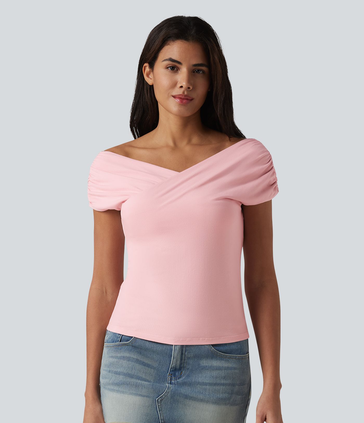 Ribbed Knit Built-in Bra Short Sleeve Casual T-Shirt