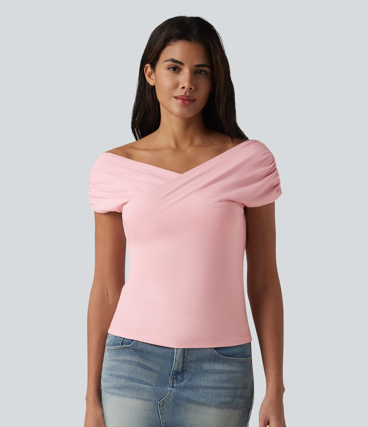 Ribbed Knit Built-in Bra Short Sleeve Casual T-Shirt