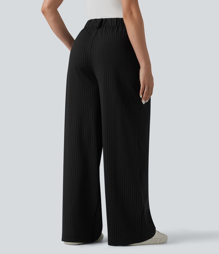 High Waisted Stripes Work Wide Leg Pants with Pockets