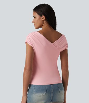 Ribbed Knit Built-in Bra Short Sleeve Casual T-Shirt