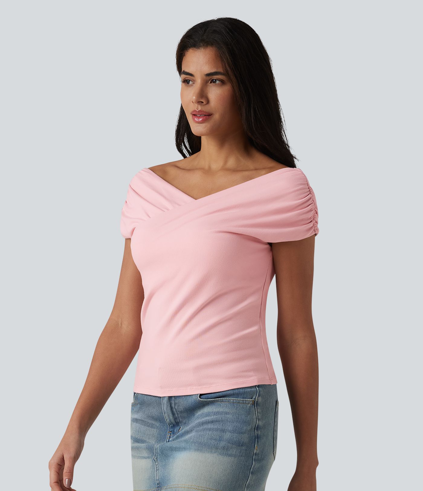 Ribbed Knit Built-in Bra Short Sleeve Casual T-Shirt