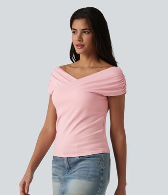 Ribbed Knit Built-in Bra Short Sleeve Casual T-Shirt