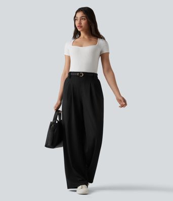 High Waisted Stripes Work Wide Leg Pants with Pockets