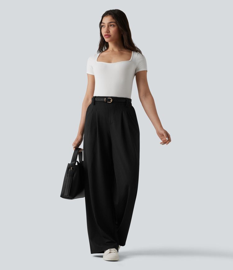 High Waisted Stripes Work Wide Leg Pants with Pockets