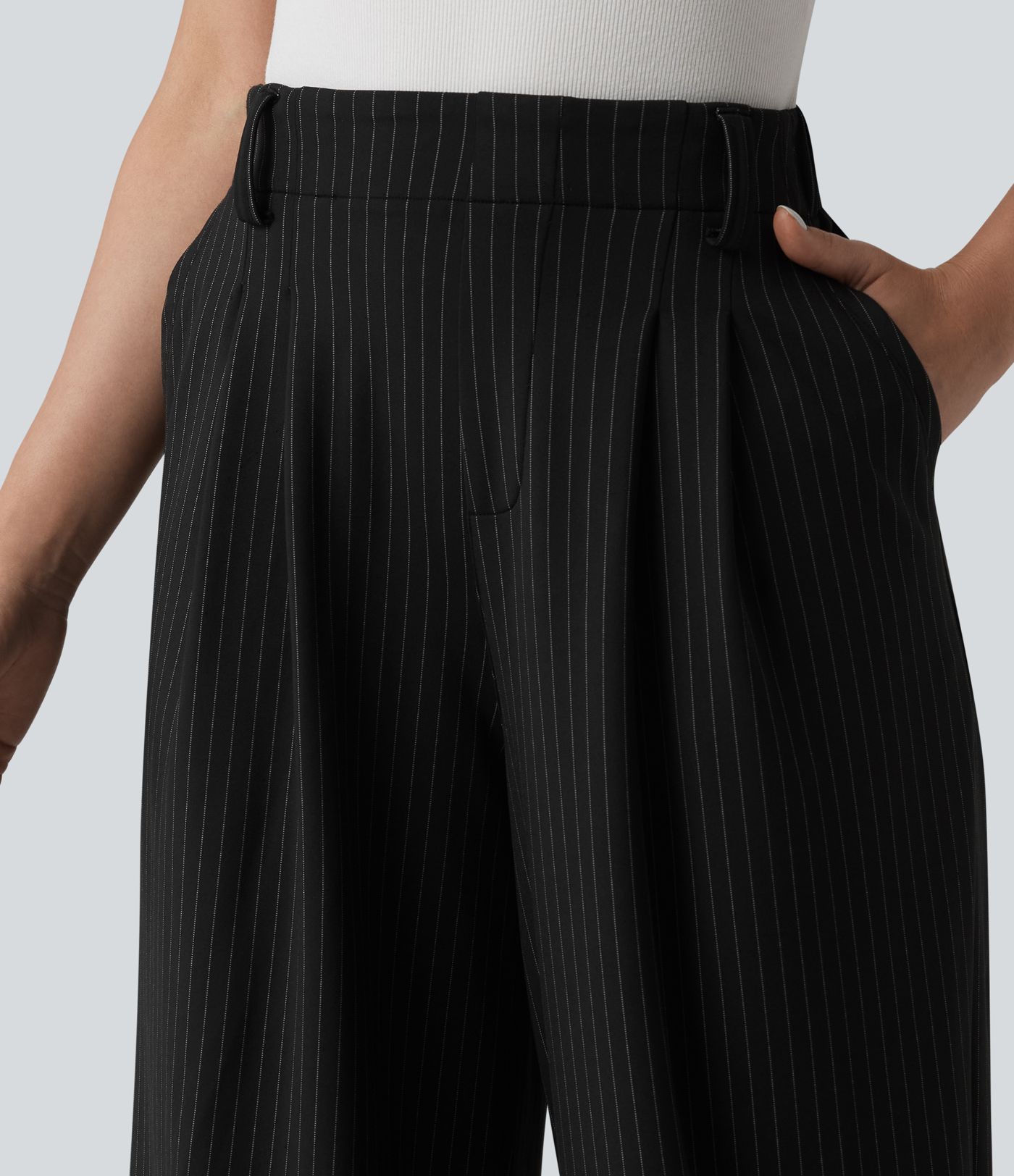 High Waisted Stripes Work Wide Leg Pants with Pockets