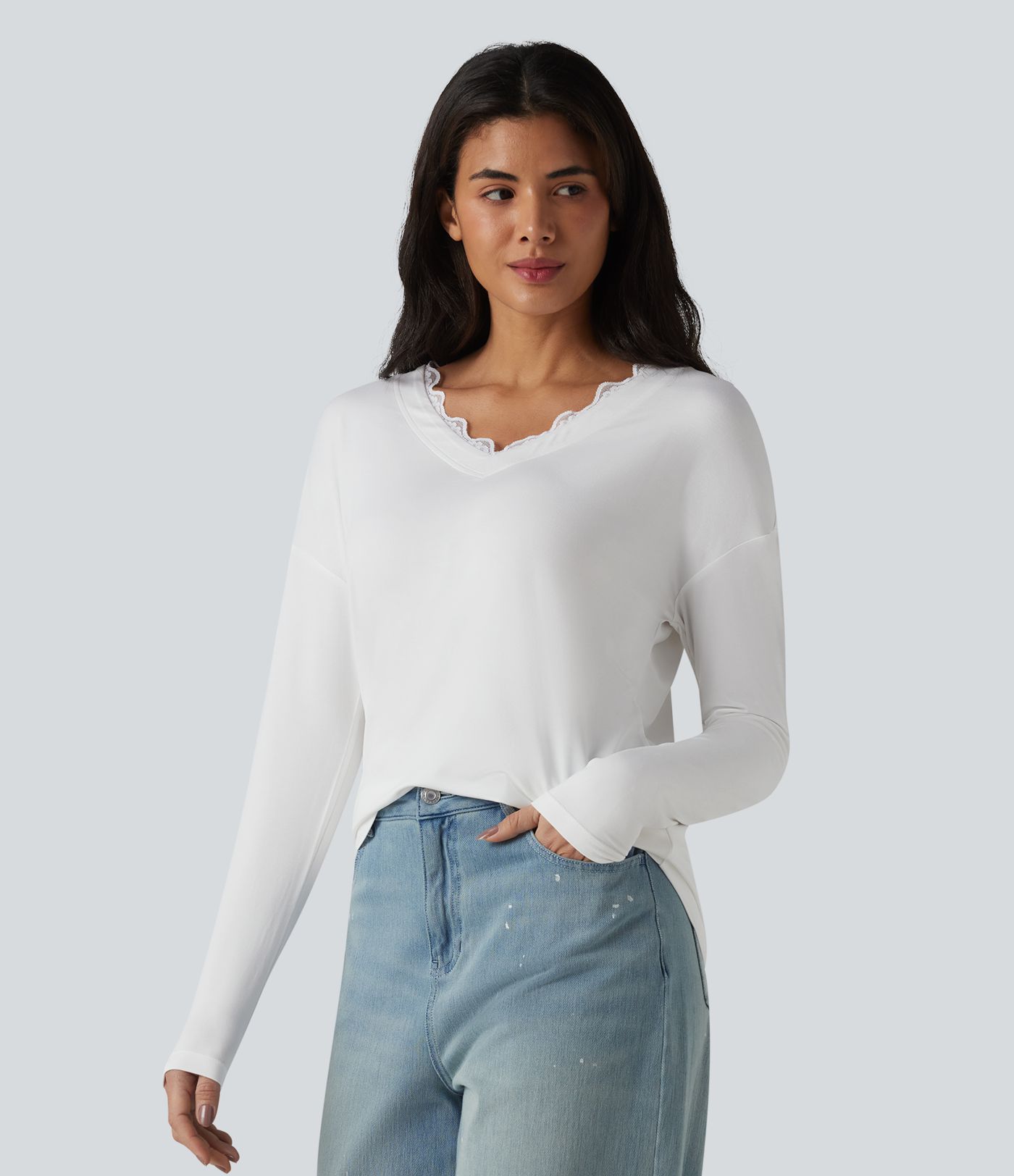 Lace V Neck Long Sleeve Casual Top