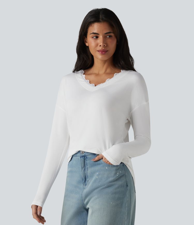Lace V Neck Long Sleeve Casual Top