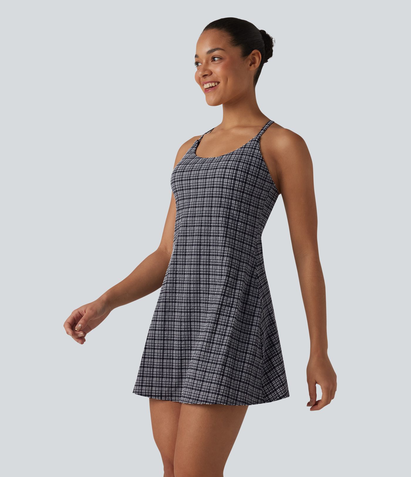 2-in-1 Plaid Crinkle Quick Dry Mini Tennis Active Dress with Pockets-Easy Peezy Edition