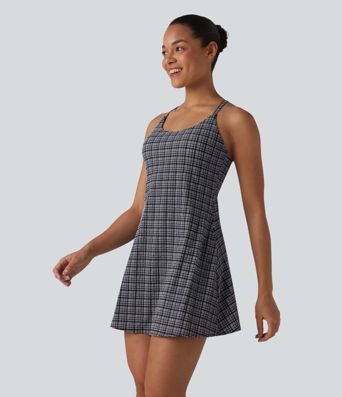 2-in-1 Plaid Crinkle Quick Dry Mini Tennis Active Dress with Pockets-Easy Peezy Edition