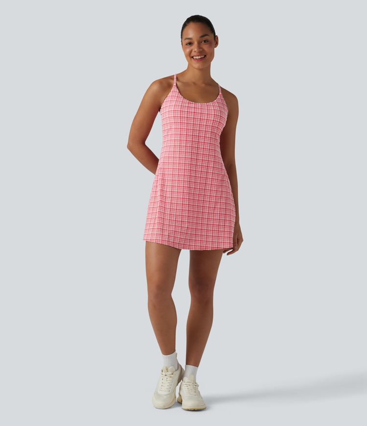 2-in-1 Plaid Crinkle Quick Dry Mini Tennis Active Dress with Pockets-Easy Peezy Edition
