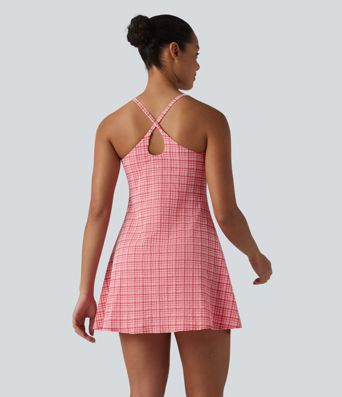 2-in-1 Plaid Crinkle Quick Dry Mini Tennis Active Dress with Pockets-Easy Peezy Edition