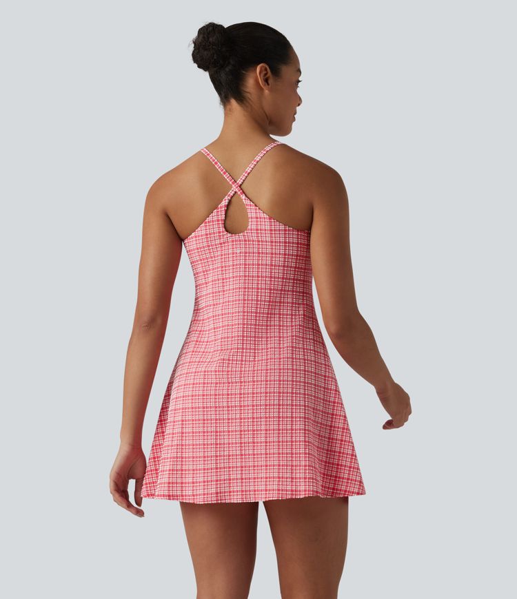 2-in-1 Plaid Crinkle Quick Dry Mini Tennis Active Dress with Pockets-Easy Peezy Edition